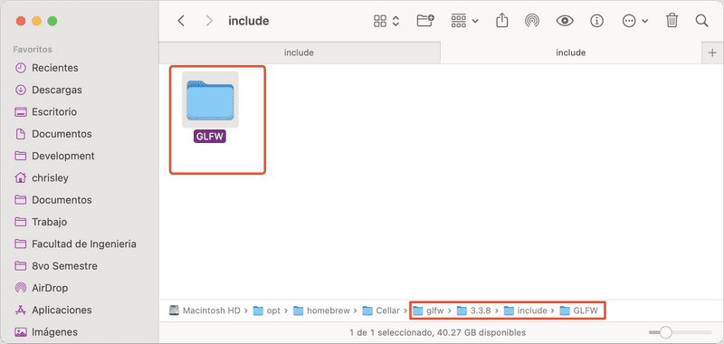 Carpeta GLFW dentro de directorio de brew