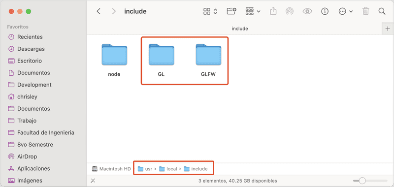 Carpetas GL y GLFW copiadas a la ruta /usr/local/include