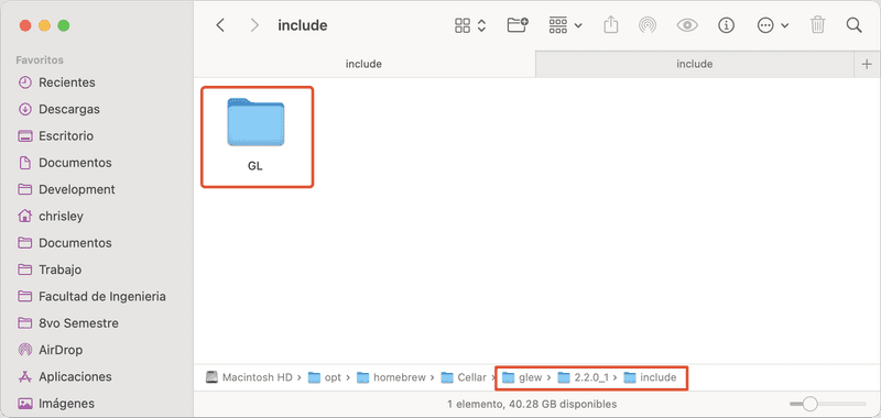 Carpeta GL dentro de directorio de brew